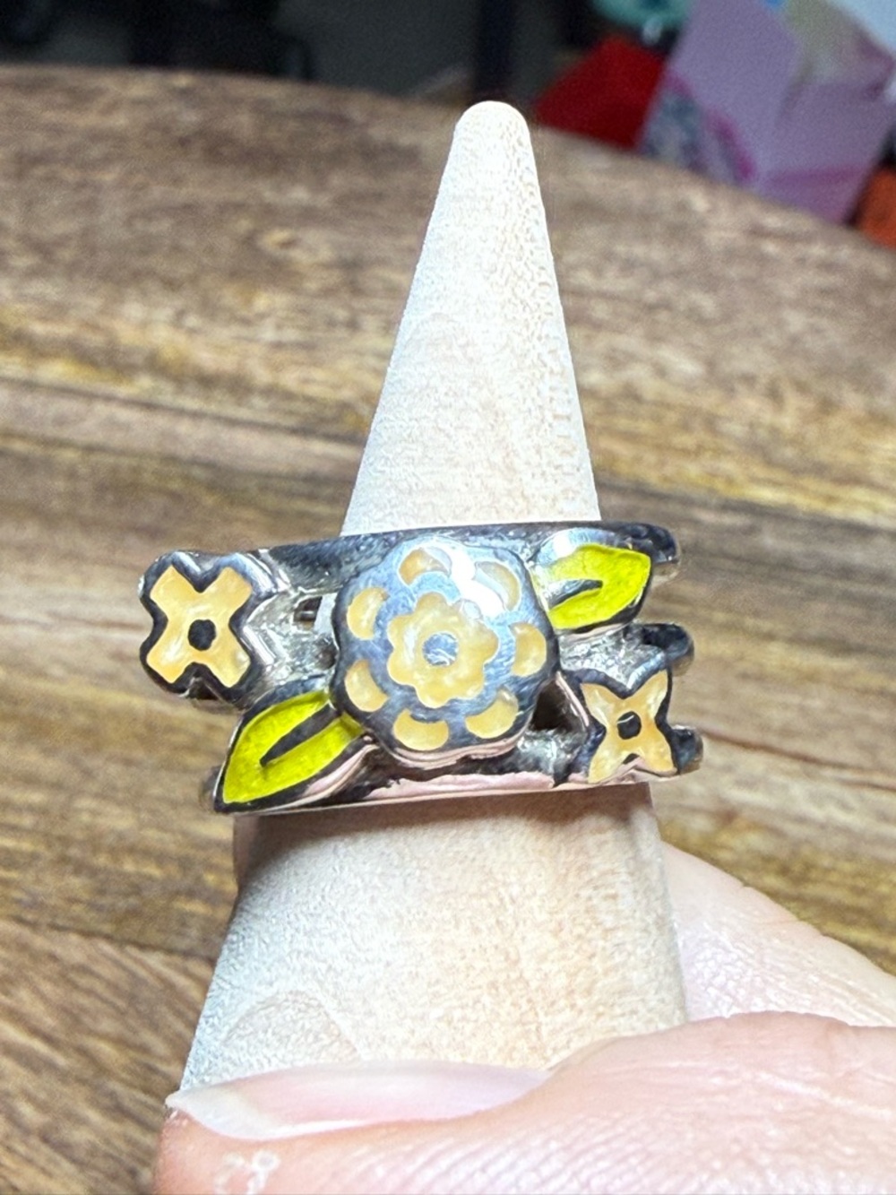Alan K Silver Ring with Yellow Floral Enamel Accents